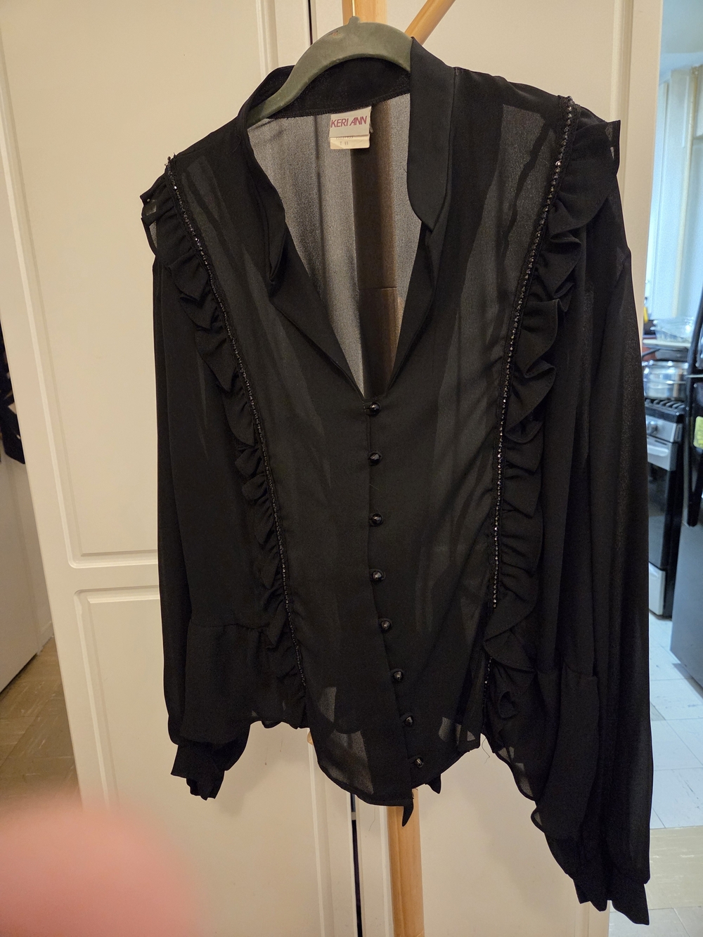 Black Ruffle Button-Front Women's Blouse
